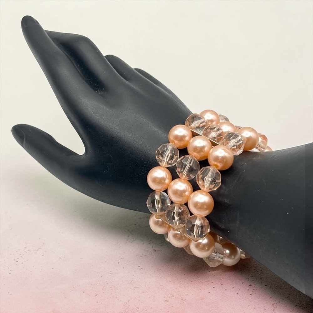 Pretty in Pink Multi Strand Faux Pearl and Faceted Beads Stretch Bracelet